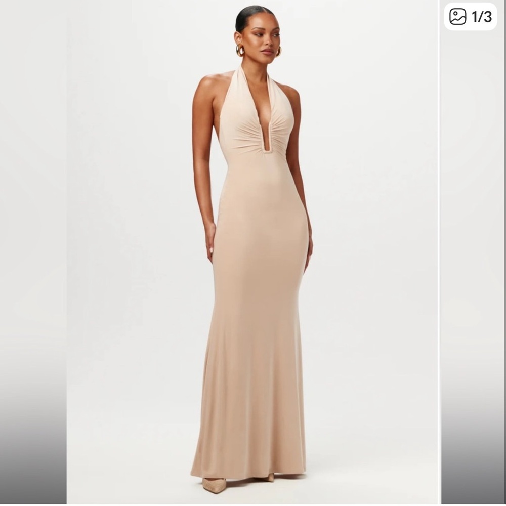 Naked Wardrobe Beige plunge Hourglass Maxi Dress